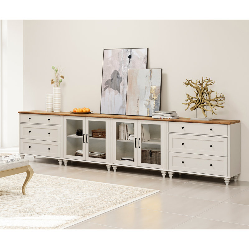Scarlett 135.4" W Solid and Manufactured Wood TV Stand with Glass Doors and Solid Wood Legs , White