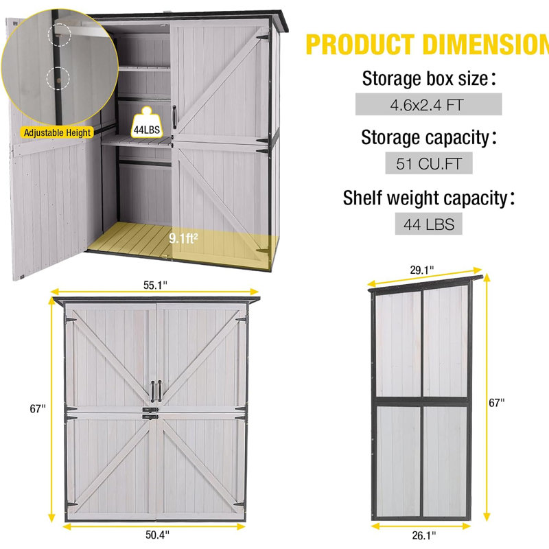 4 ft. 5 in. W x 2 ft. 5 in. D Solid Wood Lean-to Storage Shed, White