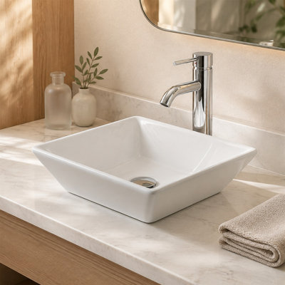 Évier vasque carré en céramique 16,5 po x 16,5 po avec robinet et bonde escamotable