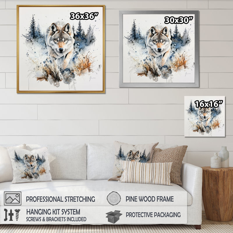 Loup qui court dans la forêt I - loup, reproduction sur toile, H 36 po x l 36 po, Toile tendue, Ne s’applique pas