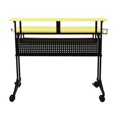 Table de musique jaune et noire - Bureau de production en bois et en métal pour plus d'efficacité, bureau rectangulaire avec tablettes, cadre supérieur en bois stable, roulettes faciles à modifier
