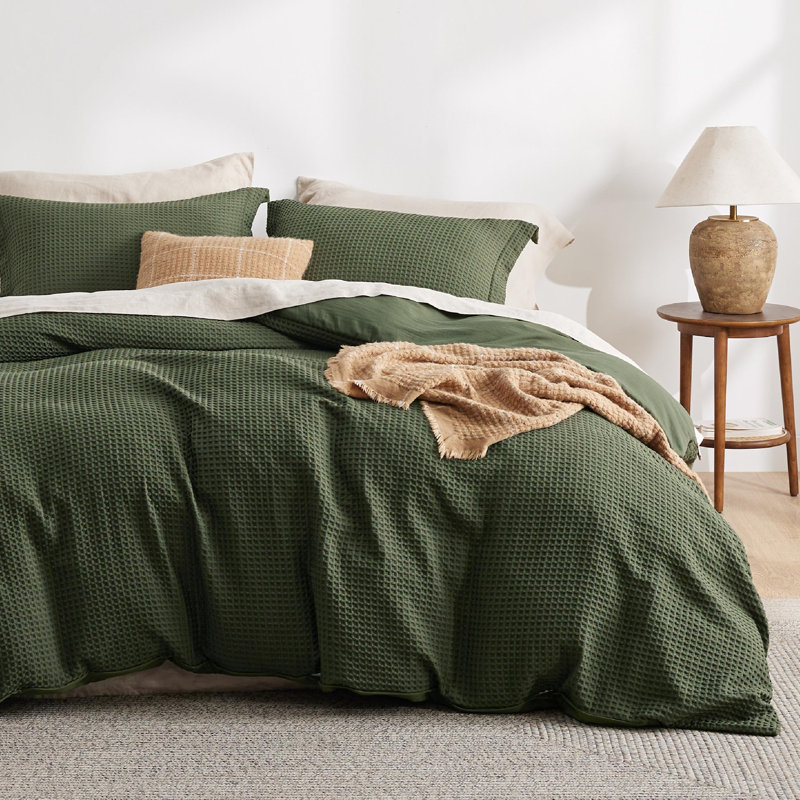 Bedsure Luxury Waffle Duvet Cover King Size - Textured Duvet Cover Set, Soft, Breathable Bedding Set (104"x90") with 2 Pillow Shams for All Season, Olive Green, Comforter Not Included