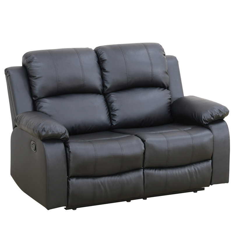 Double Manual Recliner Chair, Overstuffed Loveseat w/ Cupholders, Leather, Black, Black