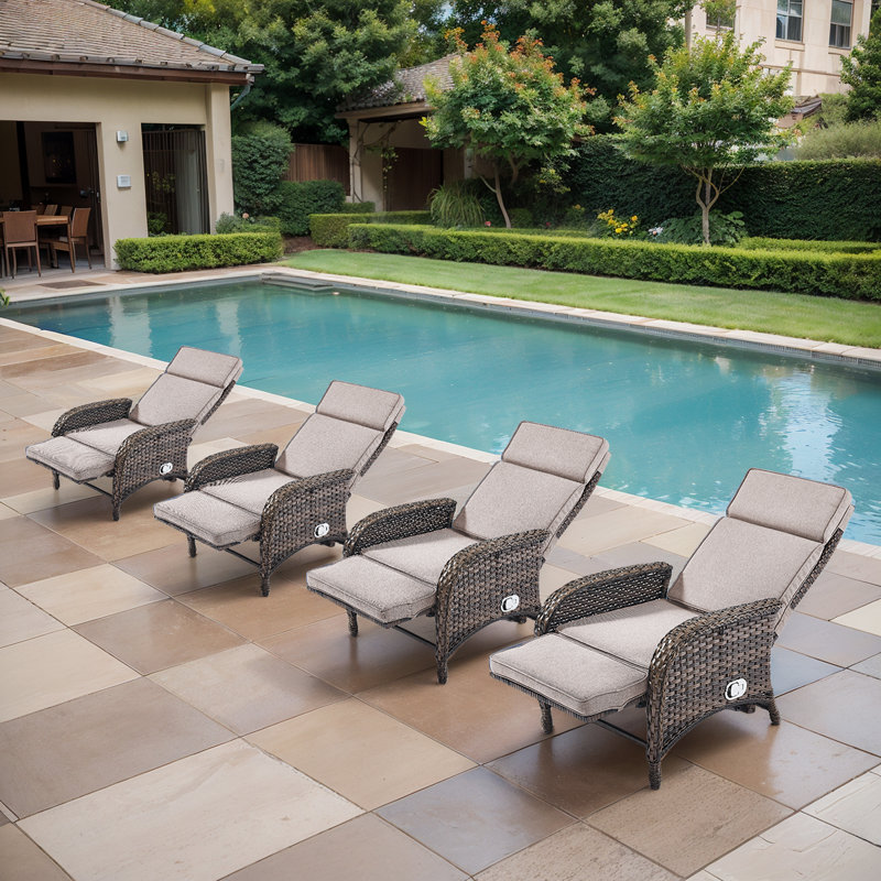 Gaetanino 60" Outdoor Wicker Poolside Reclining Single Chaise Lounge With Cushion (Set Of 4), Beige