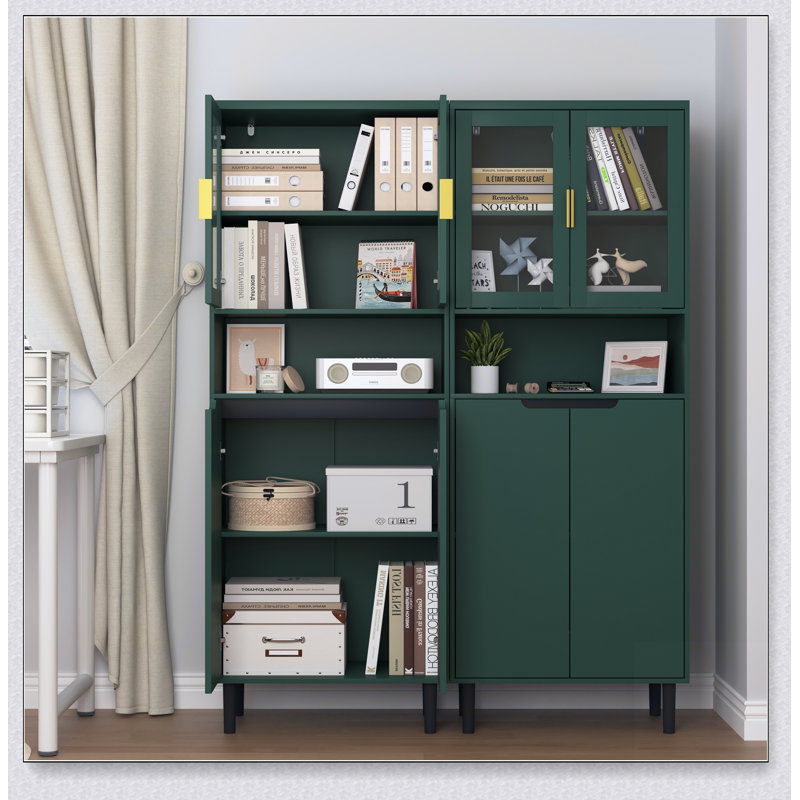 Grande armoire de rangement avec 2 portes vitrées et 2 portes, rangement dans la chambre à coucher du salon, Vert