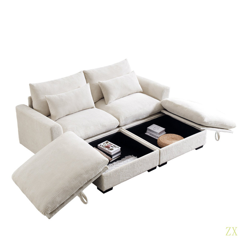 Canapé à deux places Corduroy avec 2 repose-pieds de rangement, canapé modulaire à 2 places à assise profonde, fauteuils confortables