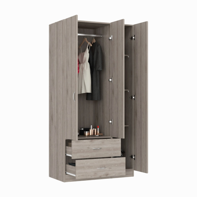 Armoire 3 portes avec tiroirs, tablettes et tringle, Light Gray
