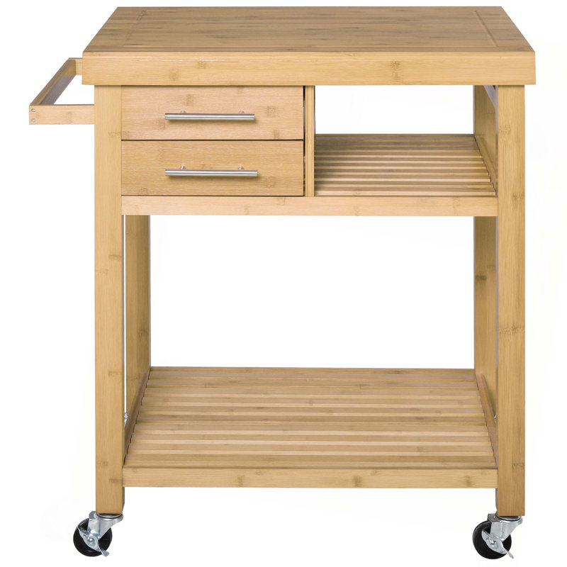 Bamboo Kitchen Island Cart on Wheels, Utility Trolley Cart with 2 Storage Drawers and Open Shelves,Bamboo Tone