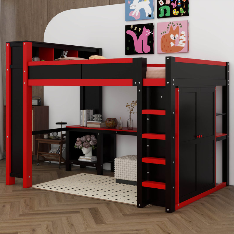 Lit mezzanine avec bureau Gaming, ports USB et garde-robe, lit mezzanine en bois avec tête de lit et tringle