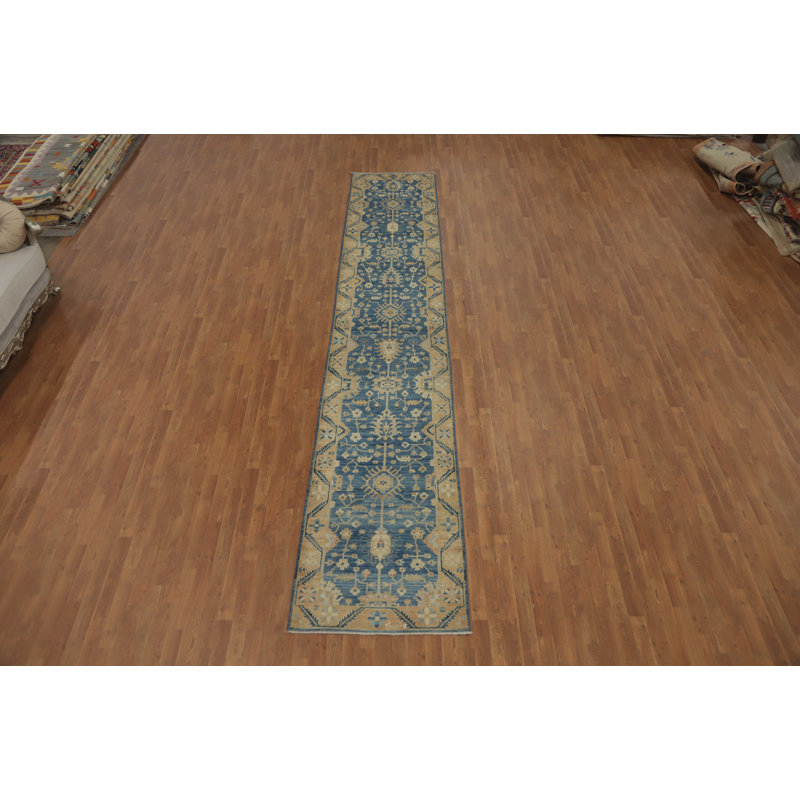 Tapis de couloir bleu teint à la main Ziegler 3x16