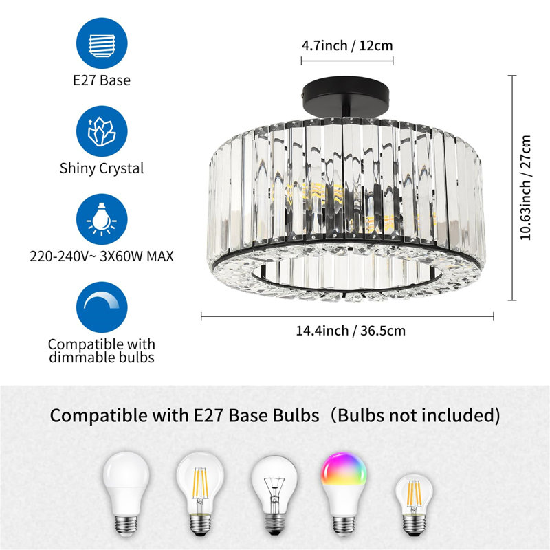 Crystal Semi Flush Mount, Matte Black