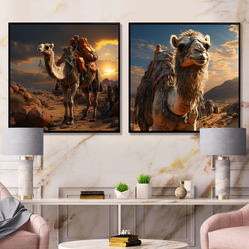 Majestic Camel Desert Wanderer I - ensemble de 2 impressions sur toile chameau, Cadre flottant noir