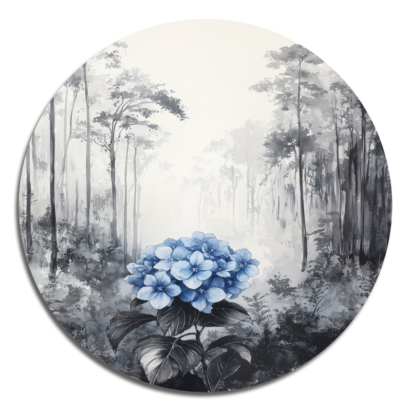 Hortensia dans la forêt monochrome - hydrangées rondes, décoration murale en métal bleu traditionnel, H 16 po x l 16 po