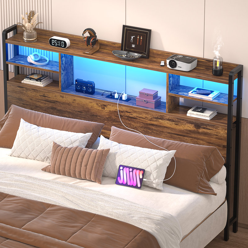 Storage Headboard with LED Lights, Bookcase Headboard with Charging Station, Full XL, Brown