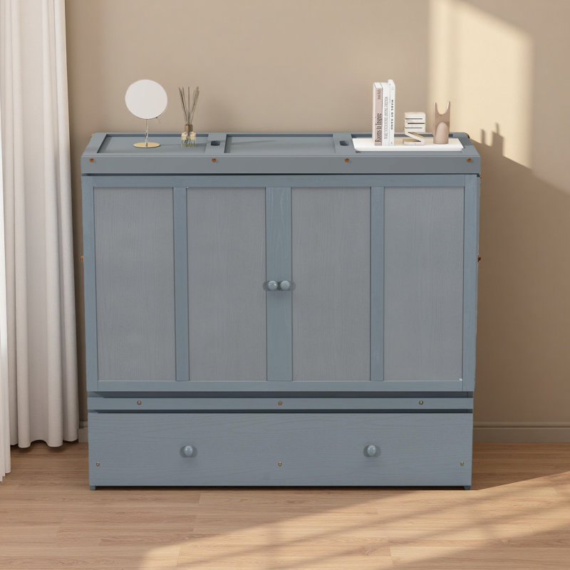 Lit escamotable avec port USB et grand tiroir, Gris, Lit double