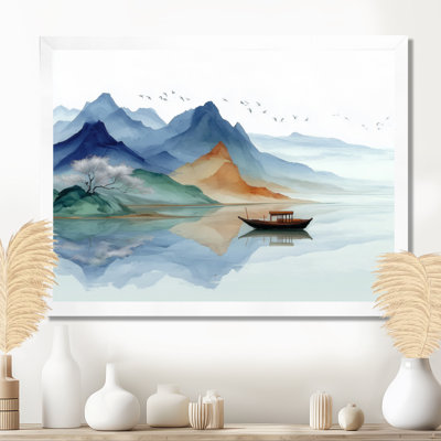 «Serene Landscape With Misty Mountains Fishing», art sur toile, paysage bleu