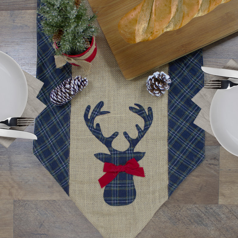 Red and Brown Burlap and Plaid Reindeer Christmas Table Runner, Blue, 80" x 13.25"
