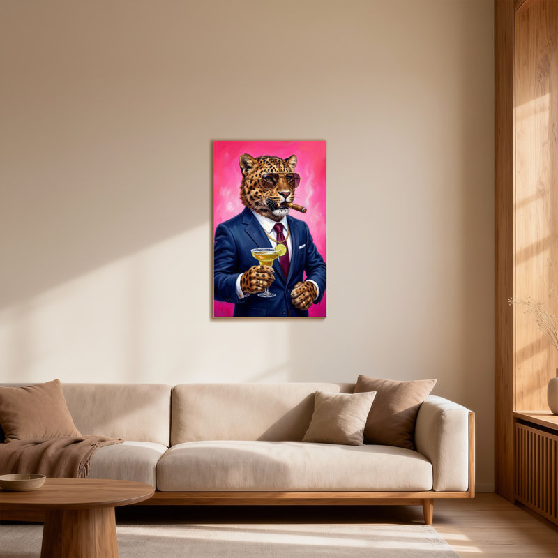 Animaux léopard en costume tenant un cocktail et un cigare, H 40 po x l 28 po