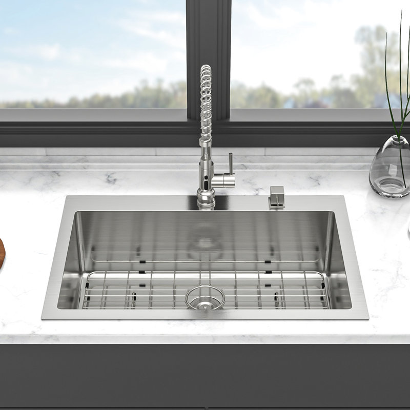 Évier de cuisine 33 po x 22 po: comptoir en acier inoxydable 16G avec conception hygiénique à coussin insonorisant