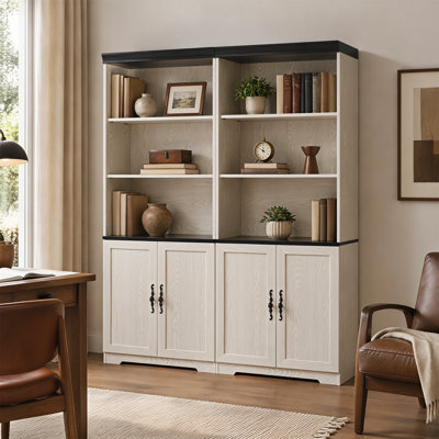 Ensemble de 2 armoires de bibliothèque en bois, tablettes de présentation librement combinables avec compartiments ouverts réglables et portes de rangement fermées, porte-livres de vin polyvalent pour le bureau de la chambre à coucher, beige