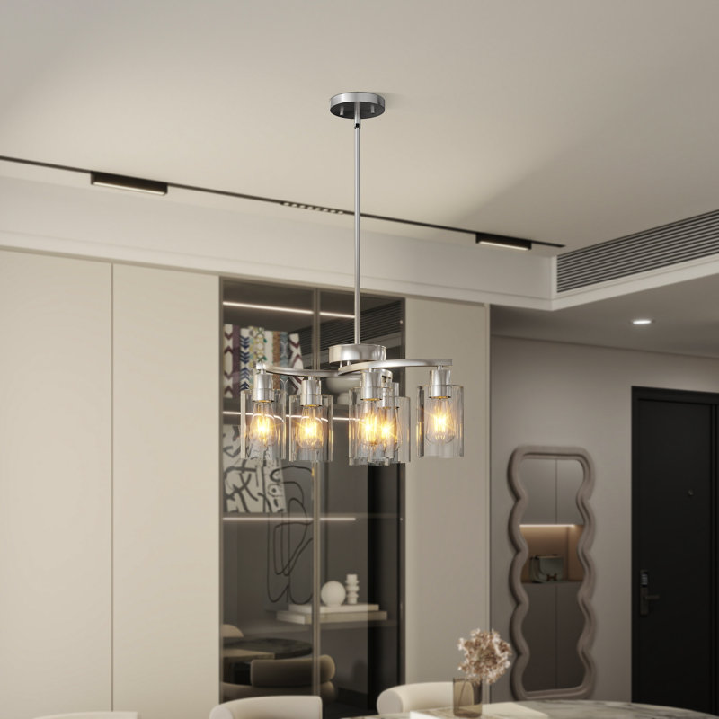 Luminaire suspendu industriel réglable 6 lumières avec verre transparent, Six lumières, Nickel