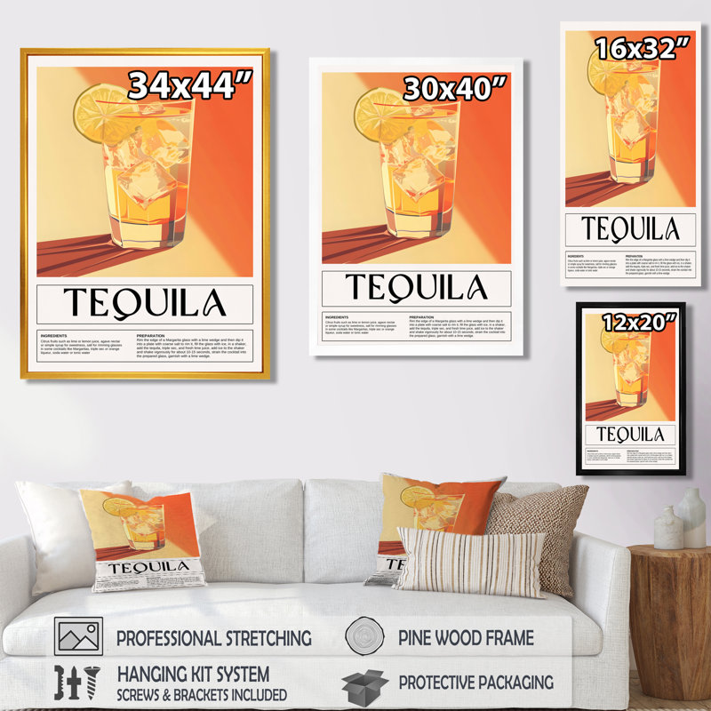 Téquila mexicaine sur les rochers - impression d'art mural cocktails, H 44 po x l 34 po, Cadre flottant blanc