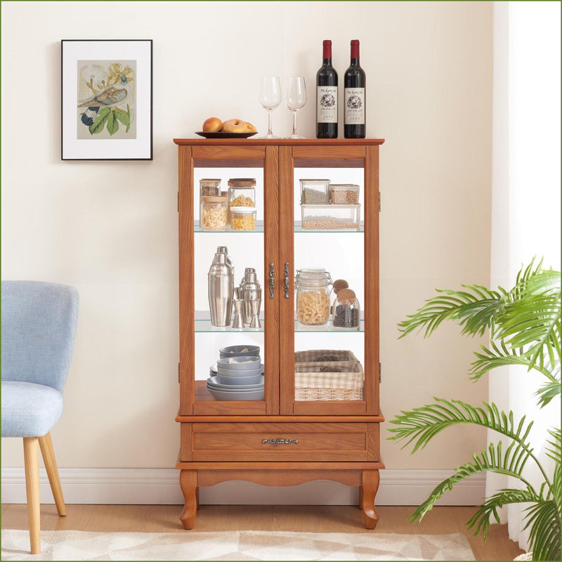 Cabinets, Traditional Walnut Brown Display Cabinet with LED Lights, Adjustable Shelves, Storage Drawer | MDF+Glass | Living Room