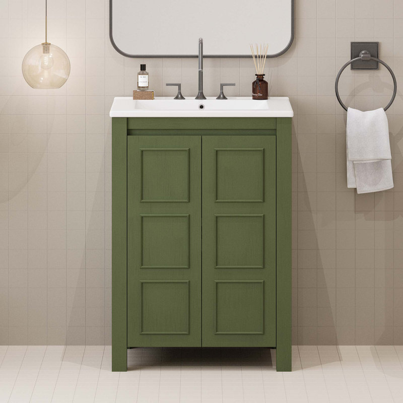 Petit meuble-lavabo de style vintage 24 po avec lavabo en céramique, 2 portes à fermeture douce, tablette réglable