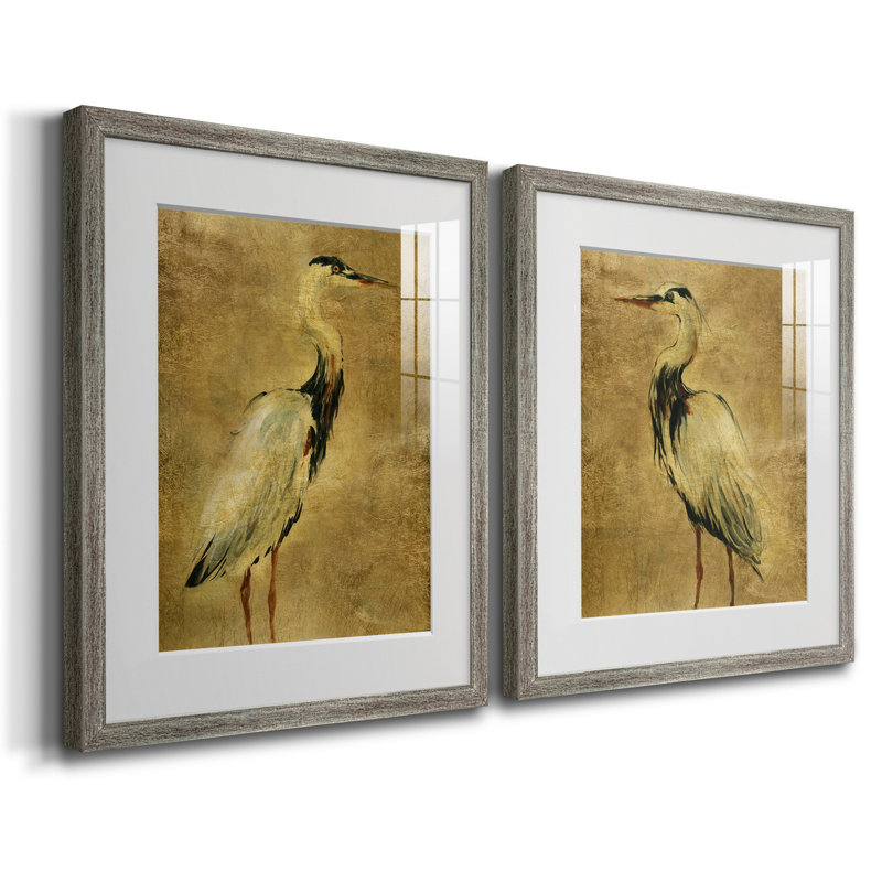 «Gold Crane At Dusk I», reproduction encadrée de qualité supérieure, prête à être accrochée