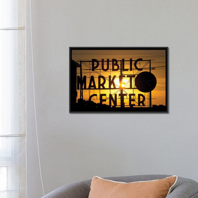 Public Market Center Neon Sign And Clock Silhouette In Front Of A Rising Sun, Pike Place Market, Seattle, Washington, USA by Paul Souders - Gallery-Wrapped Canvas Giclée on Canvas