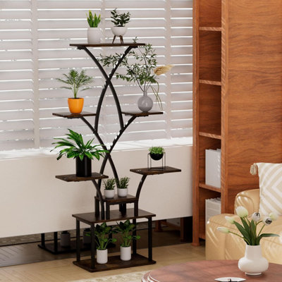 Support pour plante d'intérieur à 8 niveaux avec lumières de culture, grande tablette pour plante en métal de 59 pouces avec tablettes décalées pour plantes multiples, support à plante d'angle peu encombrant pour le salon, le patio, le jardin