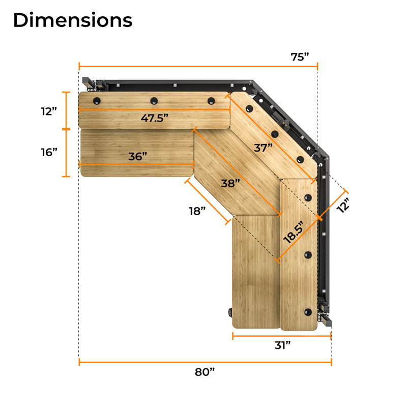 80" x 80" Bamboo and Black Adjustable L-Shaped Corner Desk with USB Ports