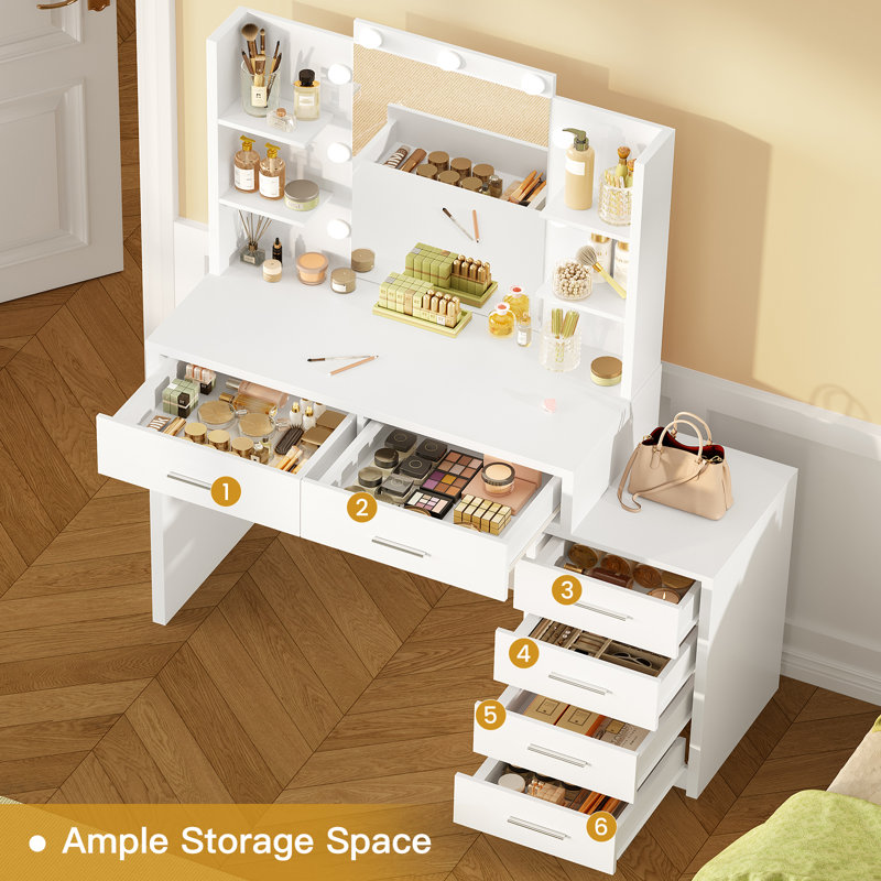 Dressing Table with Mirror and Lights, 6 Drawers, 6 Storage Shelves, 10 Bulbs, 3 Light Modes with 6 Brightness Levels, Vanity desk, White