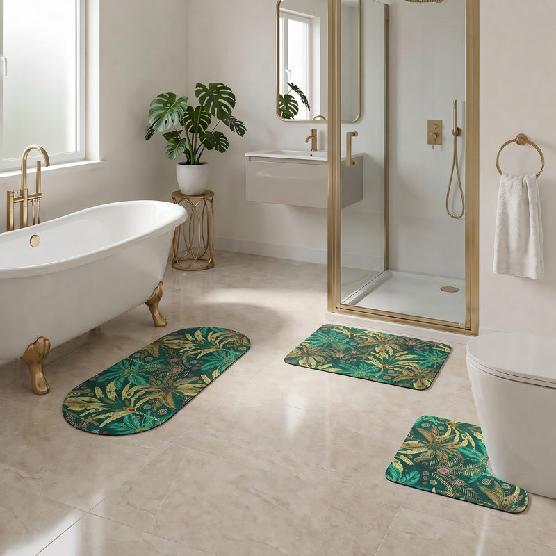 Ensemble de tapis de bain décoratif 3 pièces - Comprend standard, tapis de couloir et contour, Vert / jaune / rouge tropical