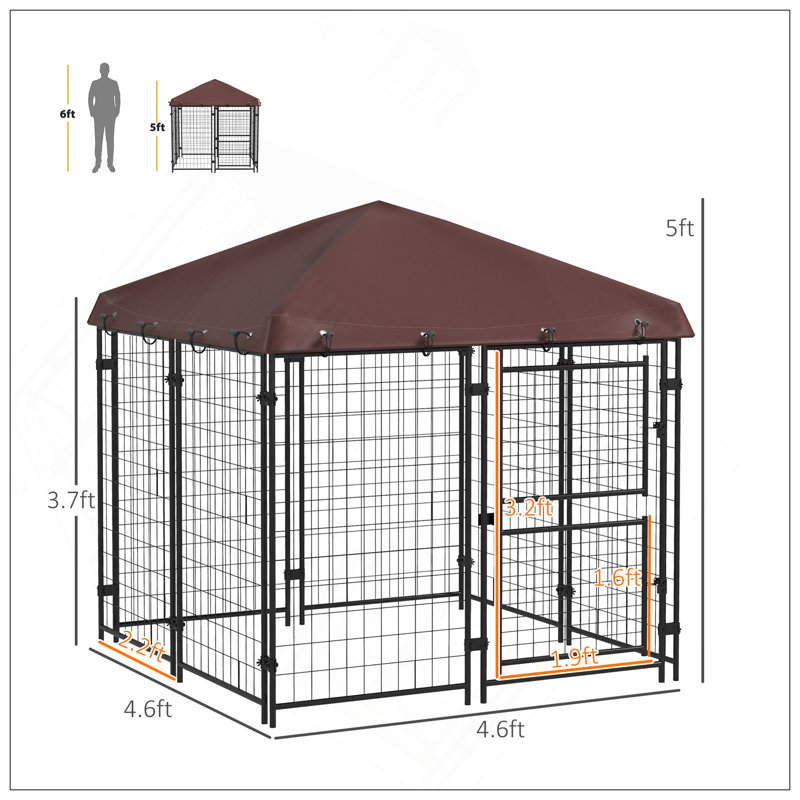 Chenil d'extérieur 4,6 pi x 5 pi avec housse imperméable, parc pour chiens de petite et moyenne taille avec porte en deux parties, brun