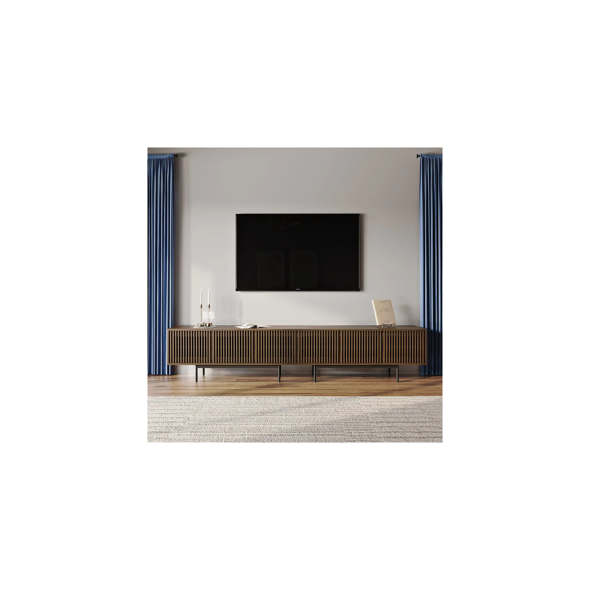 Mid-Century Modern TV Stand, 21.26" H x 118" W x 18.89" D, Walnut