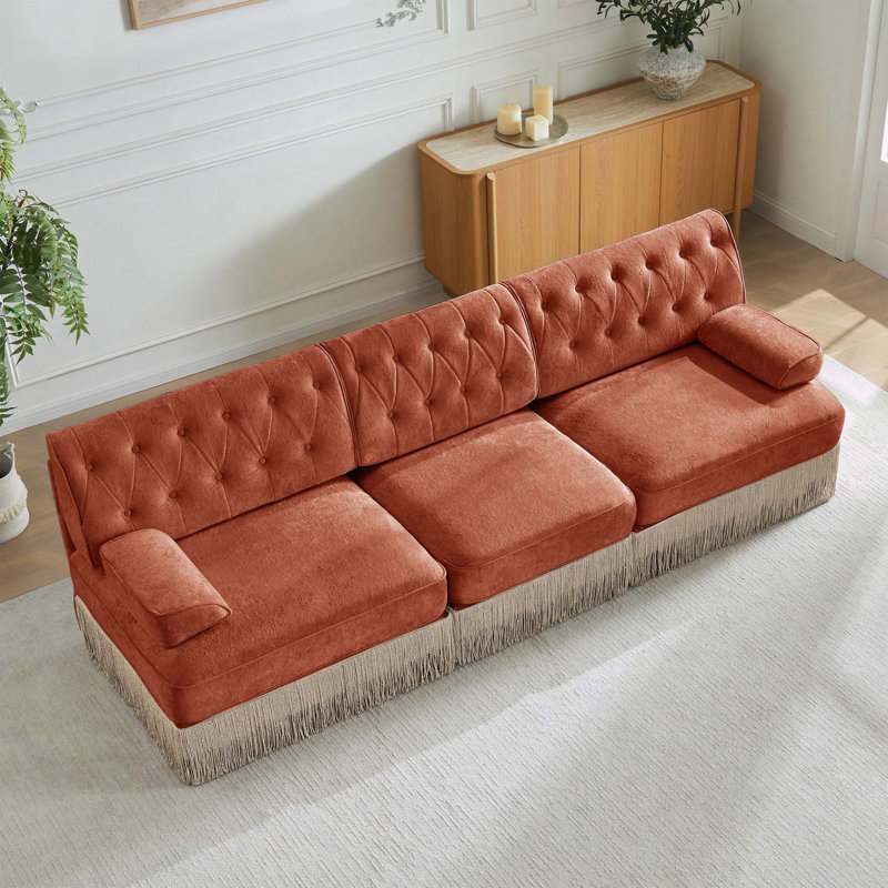 Canapé Chesterfield 3 places en velours avec jupe à pampilles, Rouge / Brun