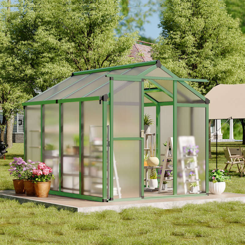Serre en polycarbonate résistant aux intempéries GarveeHome pour cadre extérieur en aluminium durable, porte verrouillable coulissante, évent de toit réglable