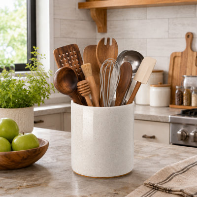 Sand-Colored 6.4-Inch Ceramic Kitchen Utensil Holder with Protective Cork Bottom, Vintage Farmhouse Counter Decor, Great Gift Idea