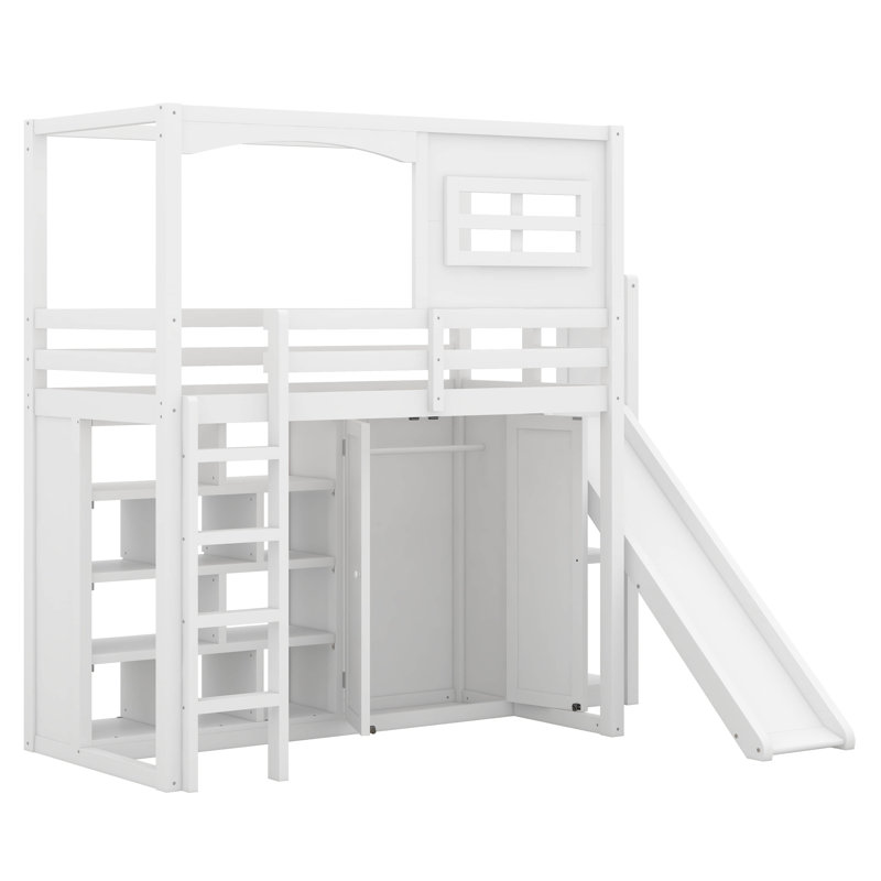 Lit mezzanine simple, lit mezzanine en bois avec garde-robe, tablettes de rangement, lit en bois avec glissoire et DEL