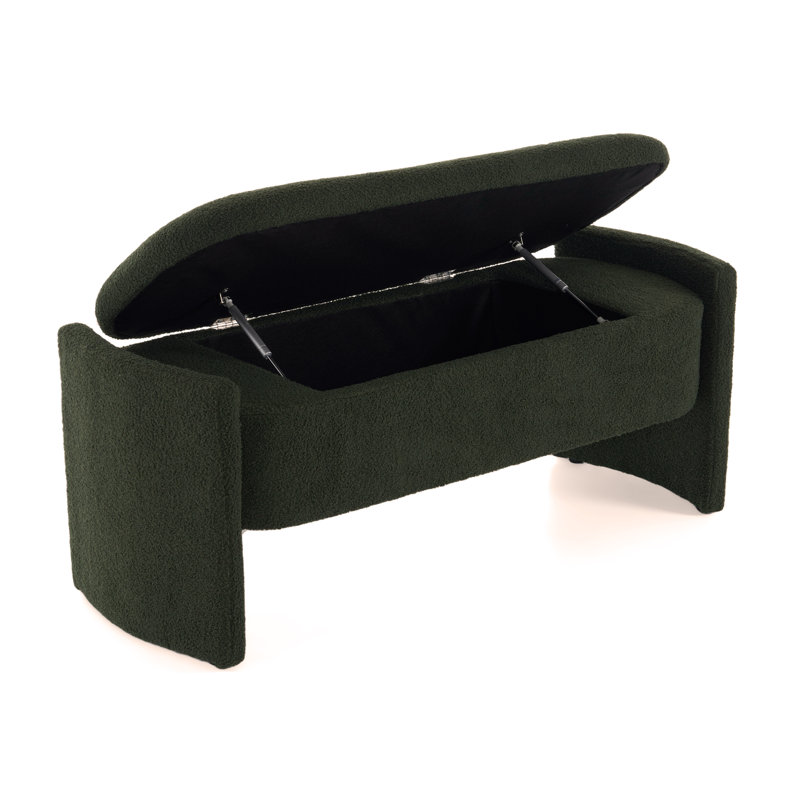 Elegant Dark Green Boucle Long Storage Ottoman Bench