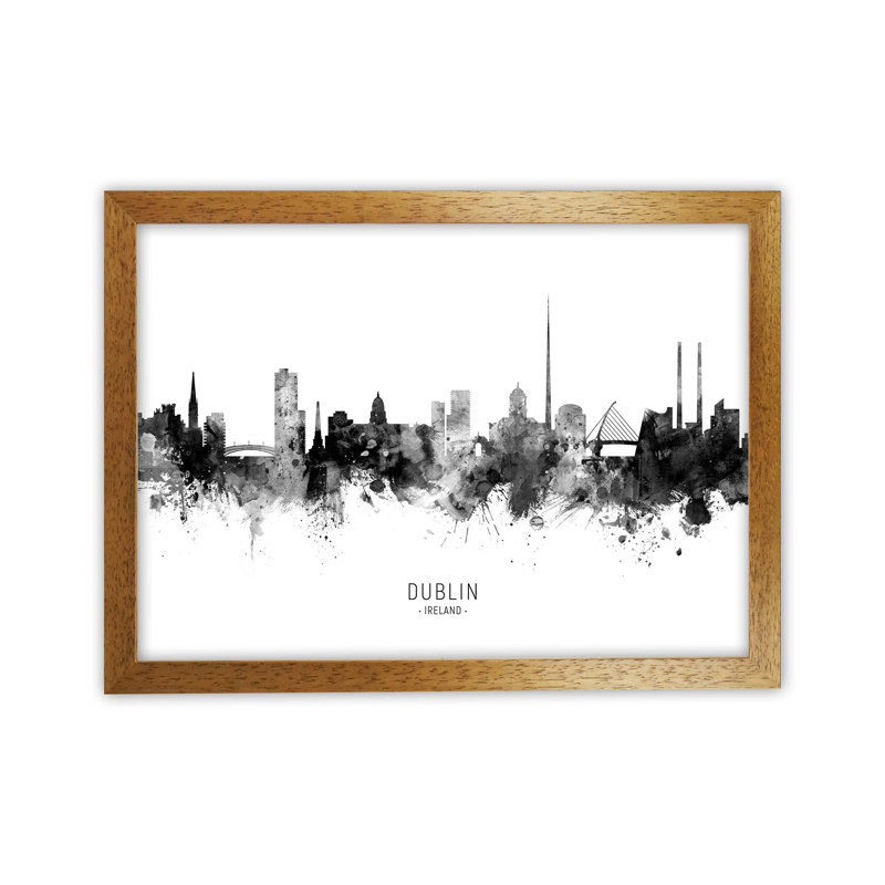 Dublin Ireland Skyline Black White City Name by Michael Tompsett - Print, 34cm H x 46cm W x 3cm D, Brown Framed