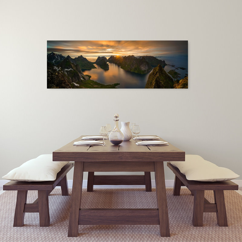«Golden Fjord Sunset Dramatic Peaceful Serene Landscape Mountain», art mural, H 16 po x l 48 po