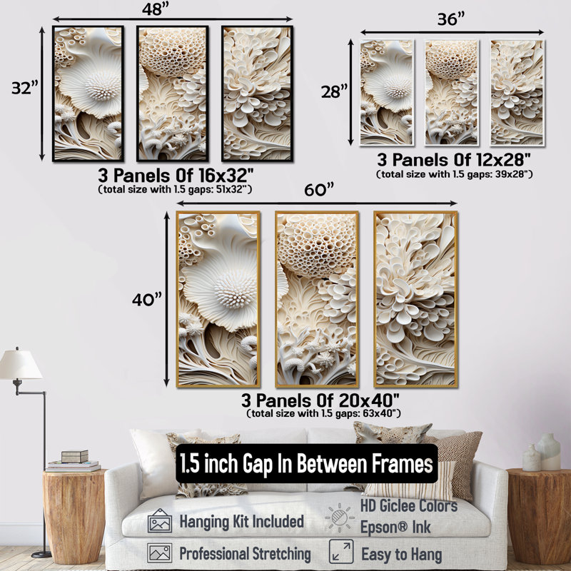 «Abstract Coral Flowers Collage II - Coastal Coral Under Water», ensemble d'art sur toile, Cadre flottant doré