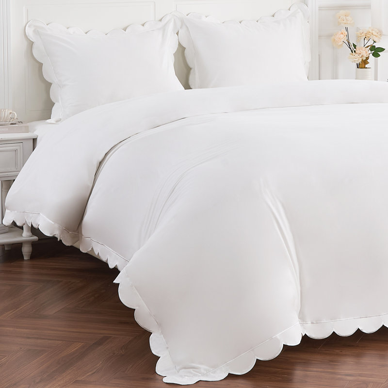 SCALLOP FRAME PERCALE DUVET SET, Twin Duvet Cover + 1 Standard Sham, White