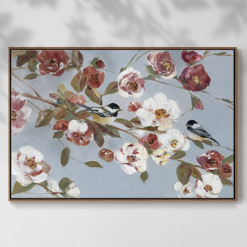 Chickadees And Blossoms II, reproduction d'art sur toile, H 17 po x l 25 po x P 2 po, Noyer