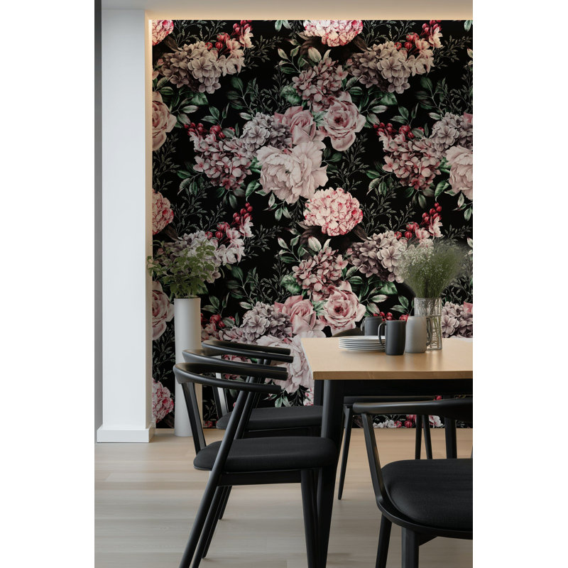 Papier peint floral rétro avec hortensia rose, décoration murale amovible