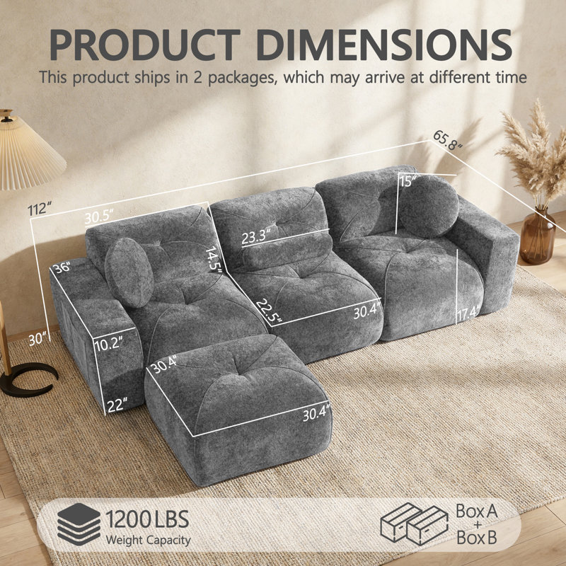 Canapé modulaire en velours sans os pour le salon sans assemblage requis, L 112 po, Gris
