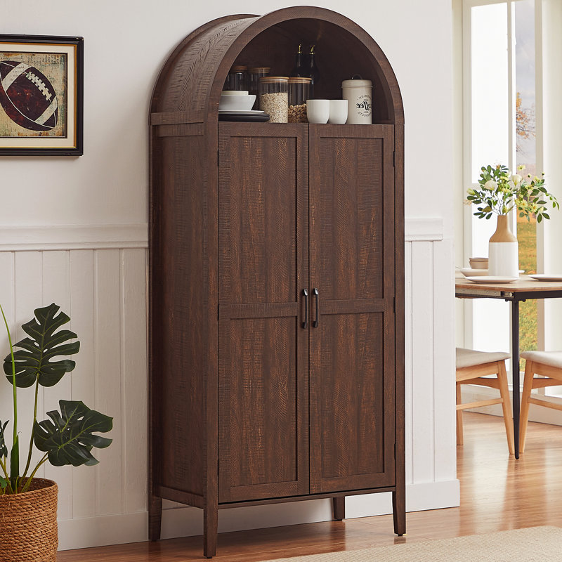 71 Inch Tall Arched Cabinet, Kitchen Pantry Cabinet With Doors & Shelves, Brown