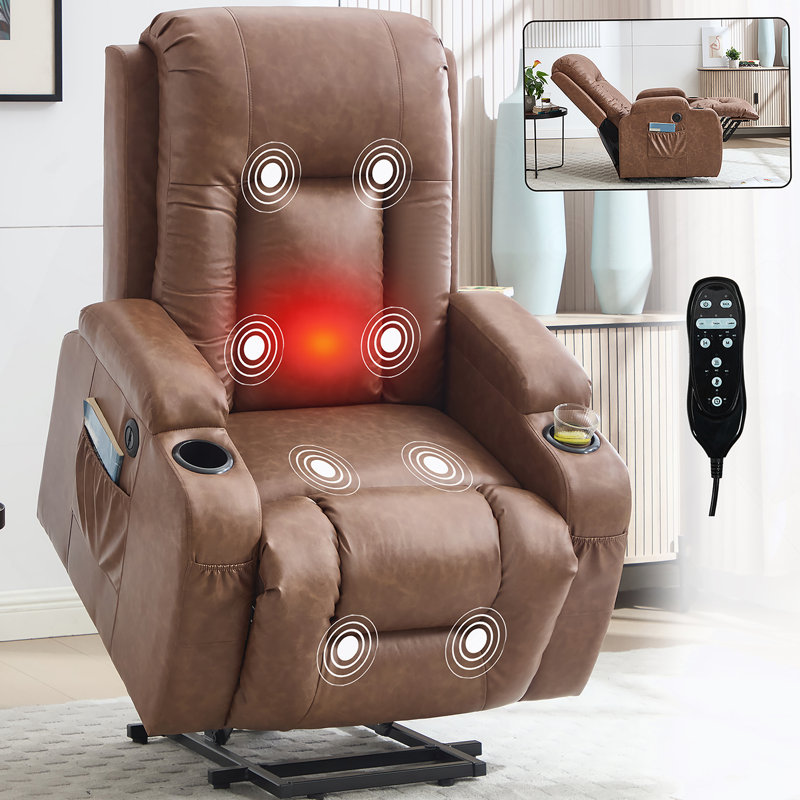 Brown PU Infinite Position Up To 350 LBS Power Lift Recliner Chair For Elderly, Heavy Duty Motion Mechanism With 8-Point Vibration Massage And Lumbar Heating, USB Charging Port, Cup Holders